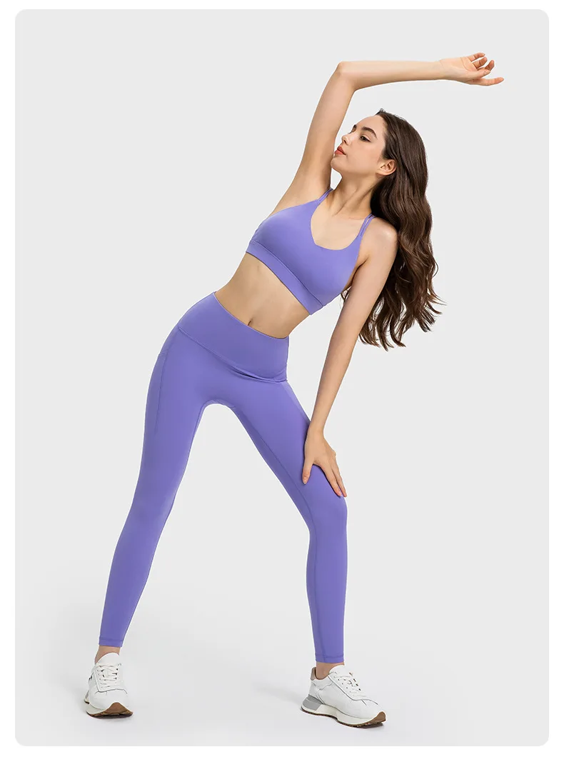 Sexy Women's Yoga Sets with High Waist Side Pocket Yoga Leggings and Cross Hollow back Bare Skin Sensation V-neck Sports Bra