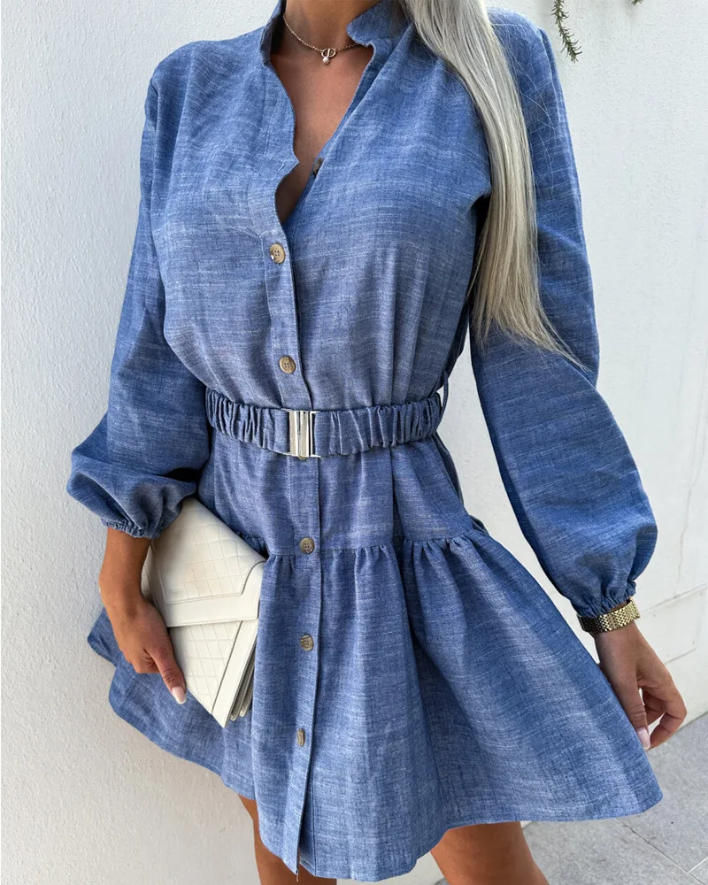 

Denim Look Print Ruffle Hem Shirt Dress Women Single Breasted Button Spring Summer New Mini Dress Elastic