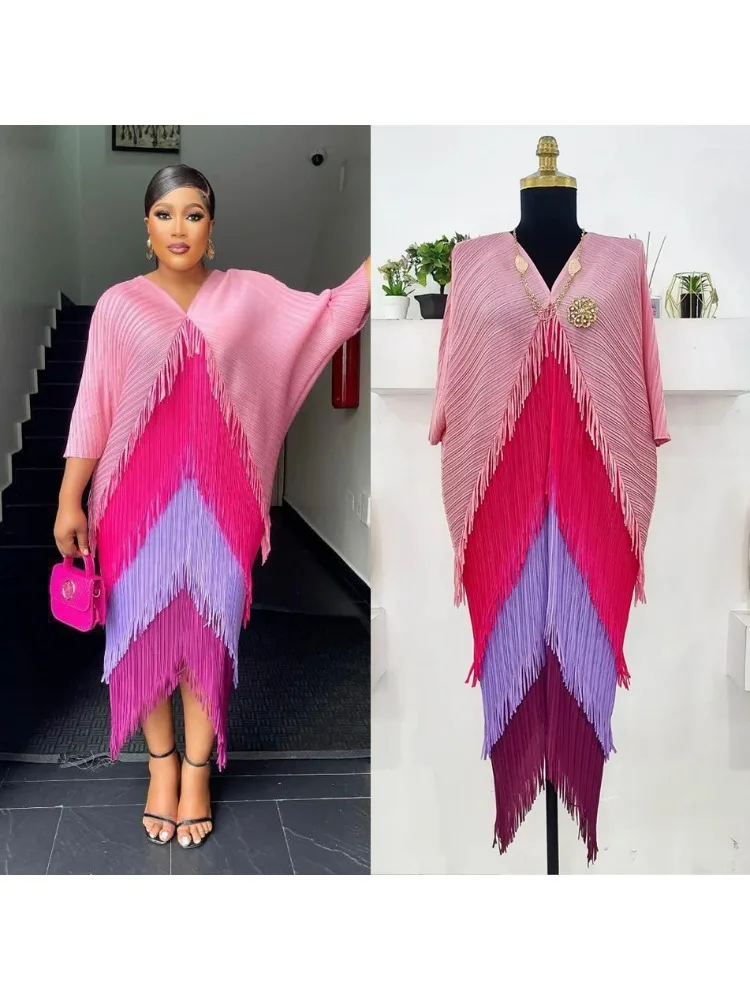 Miyake Tassel Patchwok Color Block Dress for Women Pleated Batwing Sleeve Mid-calf Dresses Fashion Female 2025 Summer Miyake Tassel Patchwok Color Block Dress for Women Pleated Batwing Sleeve Mid-calf Dresses Fashion Female 2025 Summer