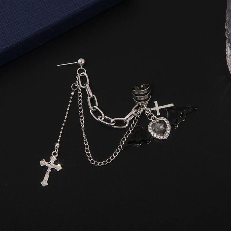 Goth Punk Halloween Devil Earrings Women Rhinestones Crossed Chain Ear Clip Halloween New Year Costume Accessories
