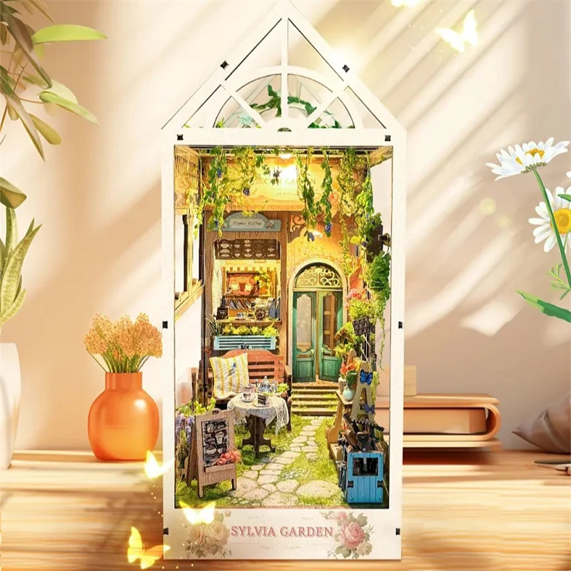 DIY Book Nook Wooden Miniature Model Kit Sylvia Garden Bookend Assembled 3D Puzzle Light Bookshelf Home Decor Friends Gifts 3