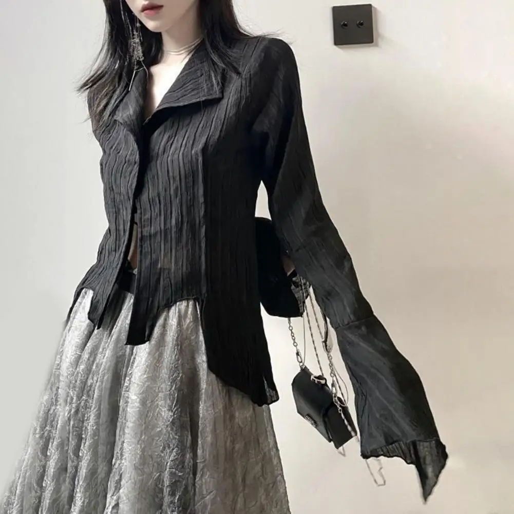 

Blouse Women Vintage Black Shirt Gothic Harjauku Pleated Button Up Korean Dark Tight Long Sleeve Aesthetic Female