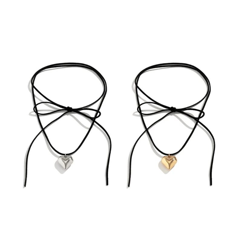 Heart Pendant Collar Necklace Long Velvet Rope Bow Tie Choker Necklace Fashion Jewelry Neck Tie Clavicle Chain Necklace Variety