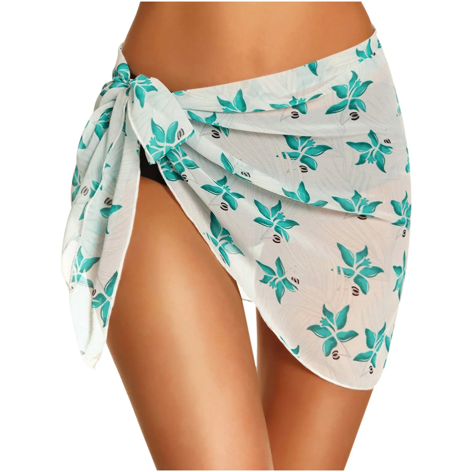 Boho Pareo Swimwear Cover Ups Women Leaf Print Skirt Lace-up Beach Dress Chiffon Skirt Swimming Bikini Beach Cover Ups Swimsuit