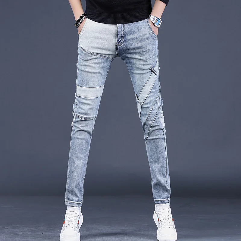 Fashion Light Blue Patchwork Jeans Men Autumn Streetwear Casual Slim Fit Straight Leg Denim Pants men jeans spring autumn korean loose jeans streetwear vintage men fashion lace up mid waist denim straight leg pants trousers