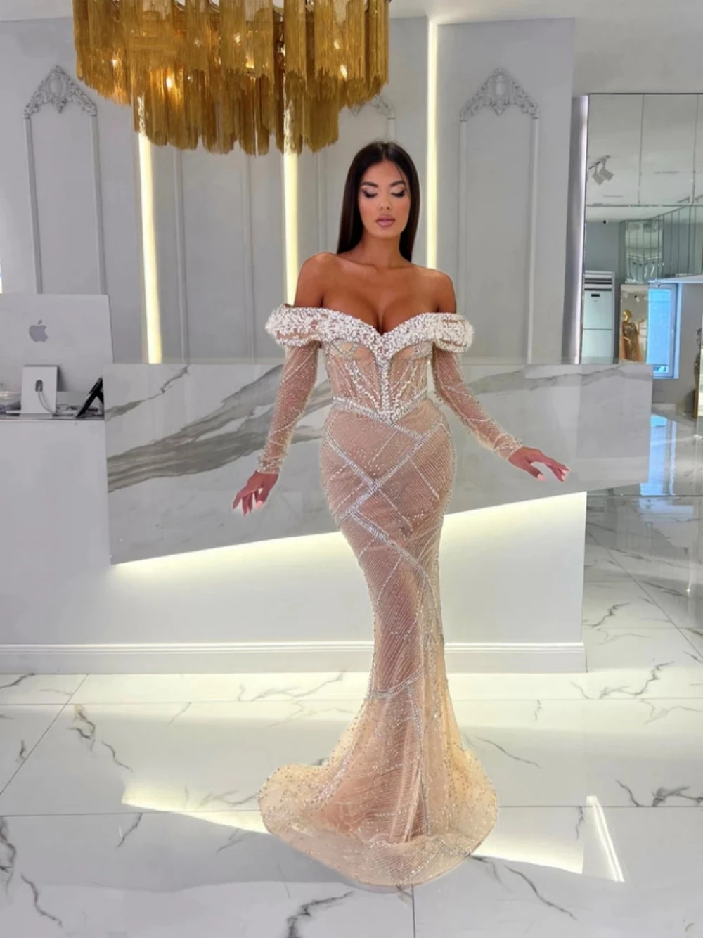 

Fashion Off Shoulder Mermaid Prom Dress Crystal Beaded Long Sleeves Illusion Evening Party Dress Custom Madeفساتين السهرة