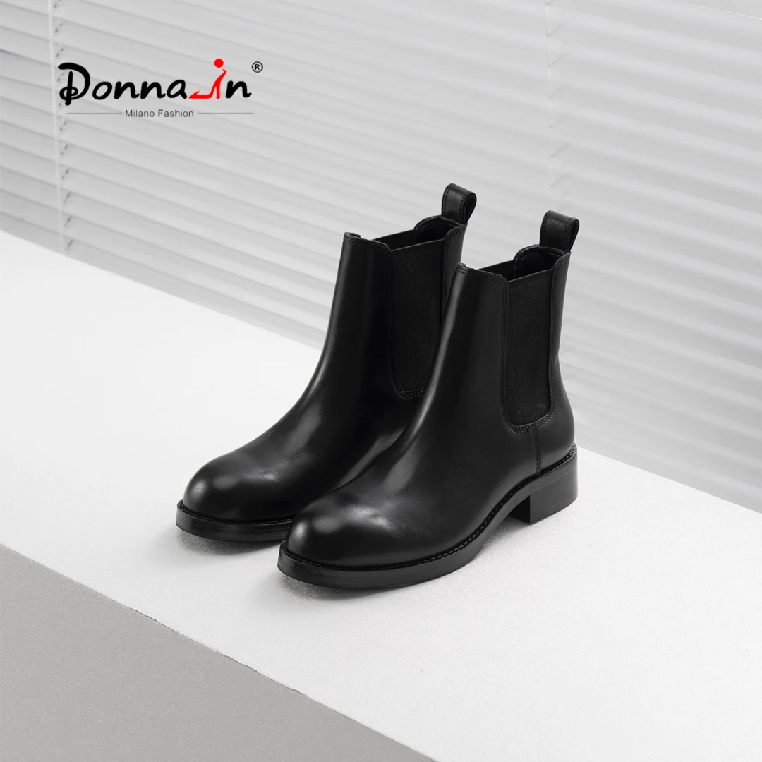 

Donna-in Chelsea boots For Women Ankle Boots Luxury Genuine Leather Round Toe Slip-on Autumn Square Heel Elastic Boot Shaft