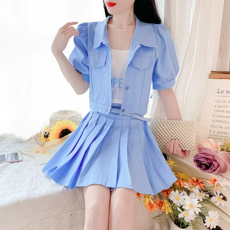 Three-Piece Slimming Suit with Bubble Sleeve, Thin Jacket, Halter Top, A-word Skirt, Sexy Fashion Cardigan, Summer, 2023