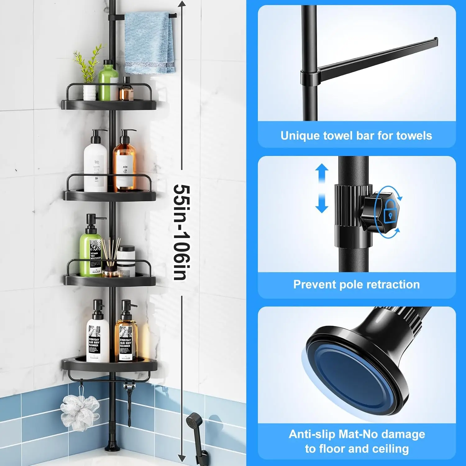 Corner Shower Caddy Tension Pole: Adjustable Stainless Steel Shower Organizer with 4 Tier Shelf for Bathroom Bathtub Tub Shampoo 4