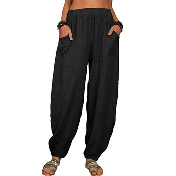 Women Cotton hemp Pants Summer Casual Vintage Pockets Thin Beach Trousers Female Elastic Waist Wide Leg Retro Loose Harem Pants 1