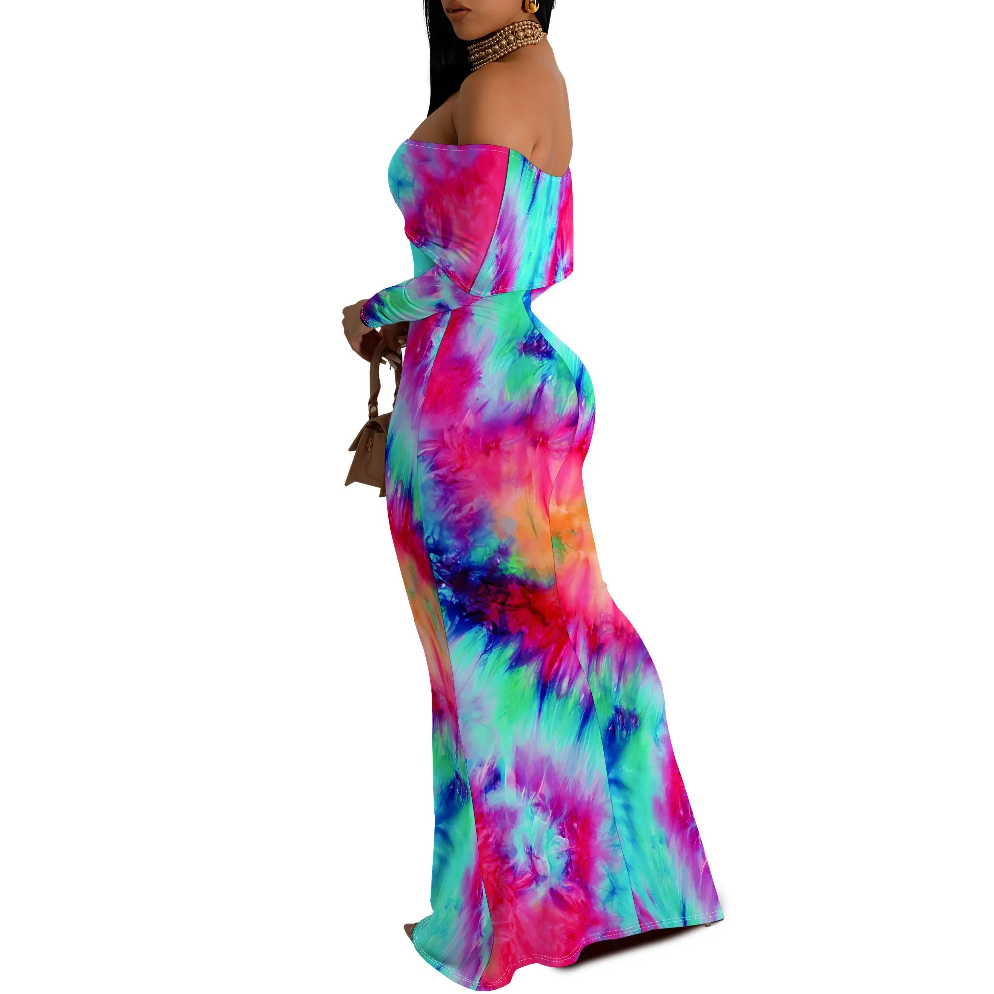 Enges, hüftumwickeltes, geometrisches, schulterfreies, kurzärmliges Damenkleid mit Rüschen, lebendiges, kulturelles Party-Casual-Maxikleid – Detail 6