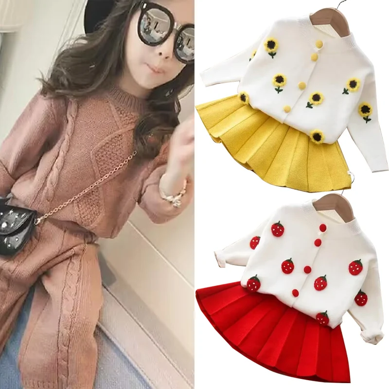 Autumn and Winter Children's Long sleeved Knitted Pants Warm Girls' Sweater Cardigan Knitted Top+Half Skirt Two Piece Set