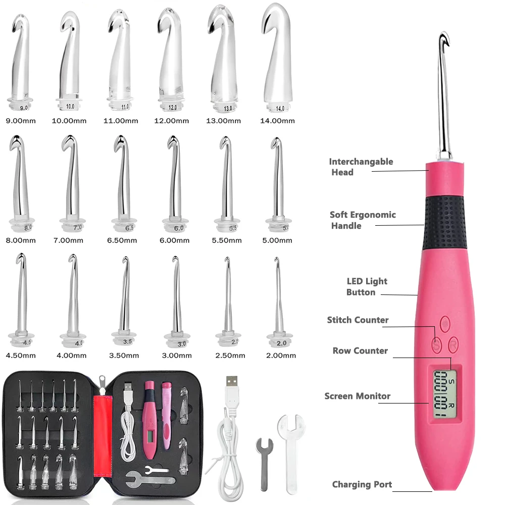 18pcs Lighted Crochet Hook Ergonomic Knitting Needle Set Interchangeable Metal Heads DIY Tool for Beginners