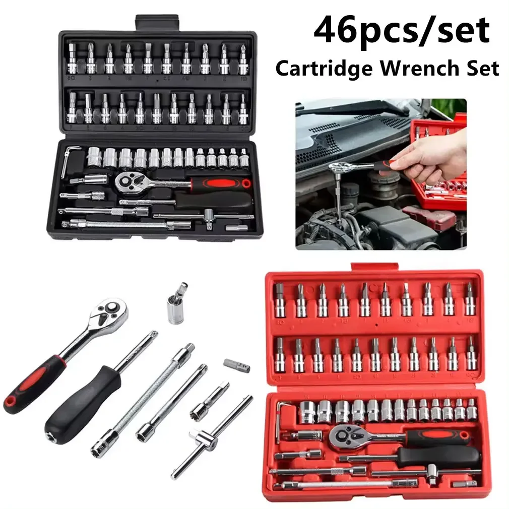46pcs 1/4 Inch Drive Socket Set Ratchet Wrench Set Car Tool Kit, Bit Socket Wrench Set Metric Mechanic Tool Set Car accessories_voghion.com