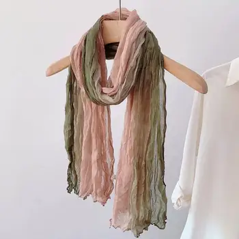 Sciarpa a mano in cotone e lino sfumato Autunno Inverno Scialle a strisce sottili verdi pieghettate Sciarpa casual da donna Sciarpa antirughe Scialle caldo 1