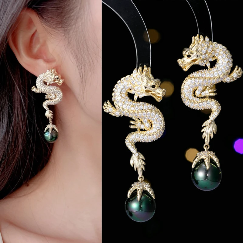 

Retro Chinese High Quality Dragon Earrings for Women's Fashion Pendant Punk Shining Zircon Animal Totem Earrings Personalized Je