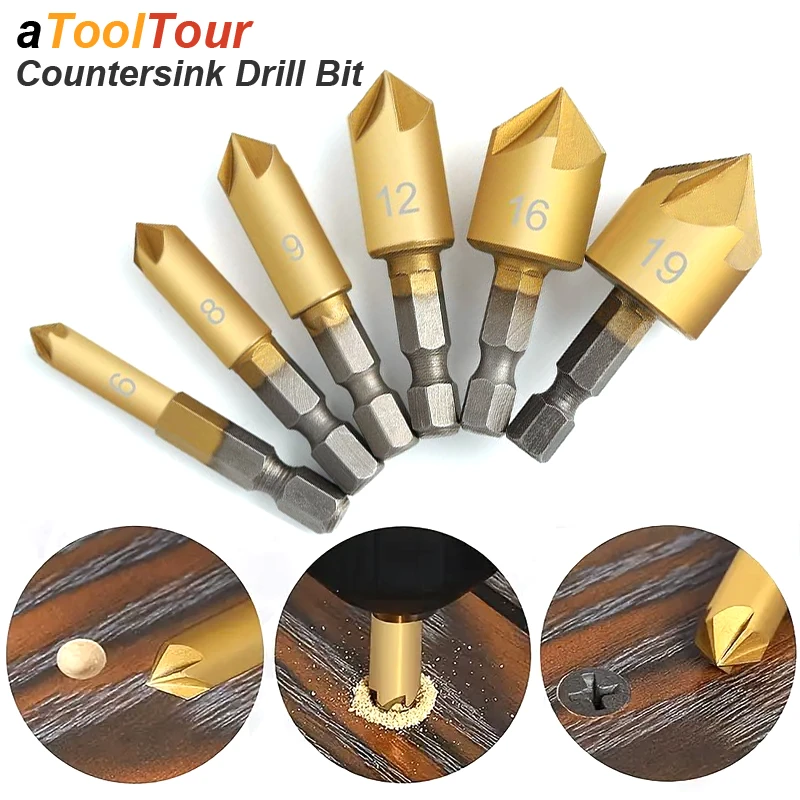 Countersink Drill Bit Set Chamfer 1/4' Hex 5 Flute Counter Sink Mill
