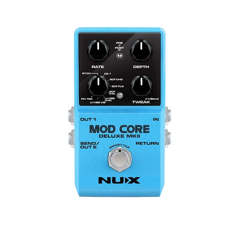 

NUX MOD CORE DELUXE MKII is a modulation pedal with 8 different types including ST.CH (Stereo Chorus), CE-1, SCF CHO, SCF FLG, S