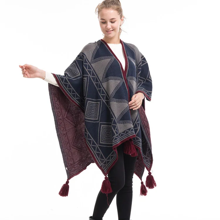 

Spring Autumn Geometric Pattern Tassel Cape Knitted Cardigan Fashion Street Poncho Lady Capes Navy Cloaks