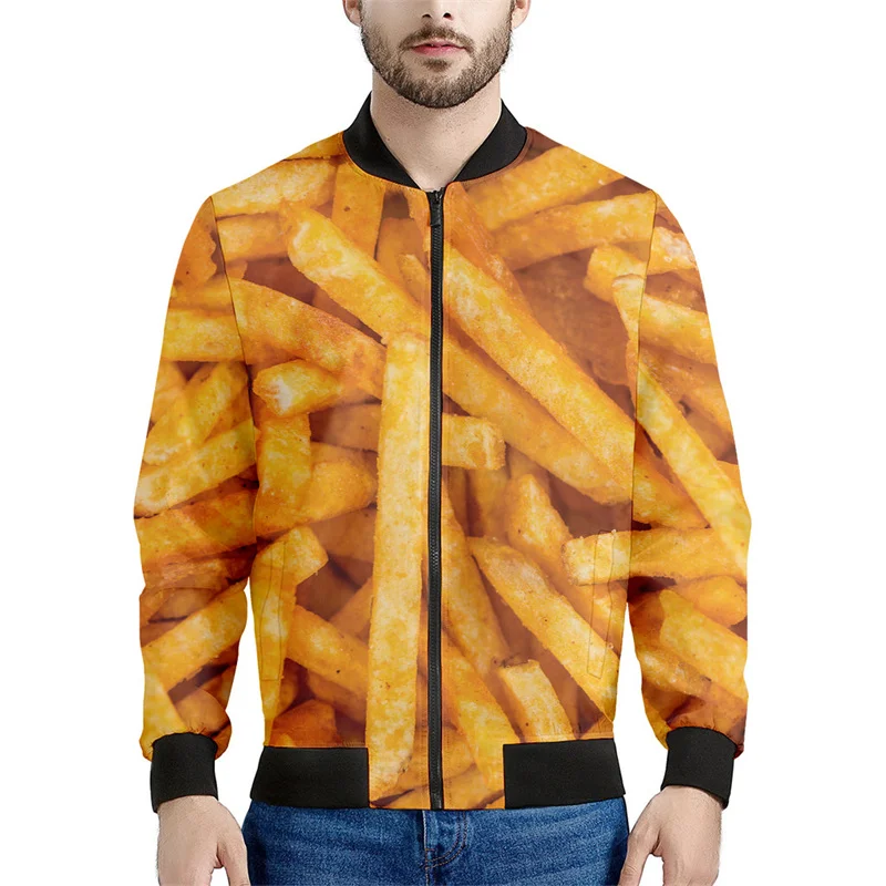 thumbnail image 1 of Chaqueta con estampado 3D de dibujos animados de papas fritas para hombre, chaqueta con cremallera, abrigo holgado informal, sudadera con cremallera para primavera y otoño, 1 of 5