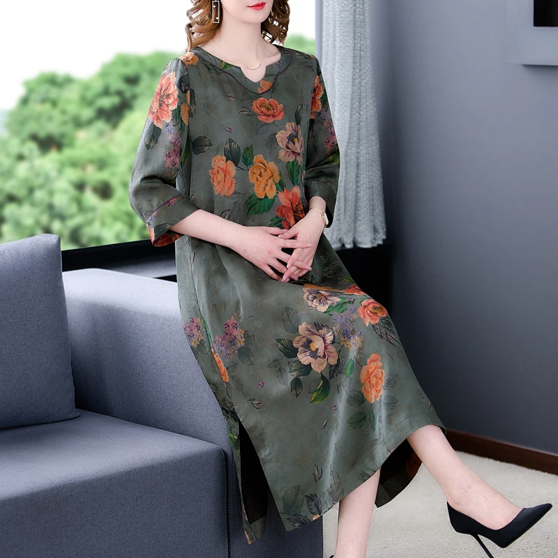 

2022 Floral Natural Silk V-Neck Sexy Midi Dress Spring Summer Korean Vintage Casual Party Vestidos Women Elegant Bodycon Dress