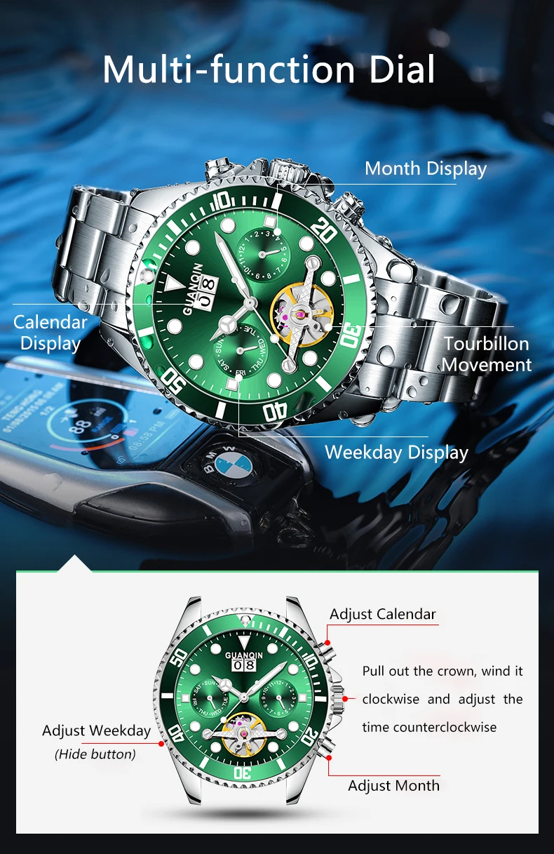 GUANQIN Orologio meccanico automatico originale da uomo, 42 mm, quadrante grande, scheletro, data, settimana, orologi da polso da uomo di lusso di alta marca_voghion.com