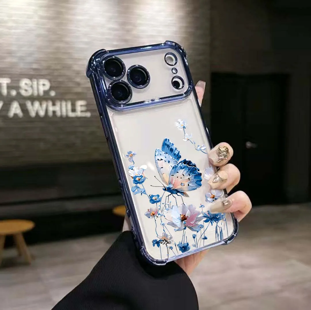 Enhance your phone's style with the Elegant Shockproof Butterfly Case - Blue & Pink Design