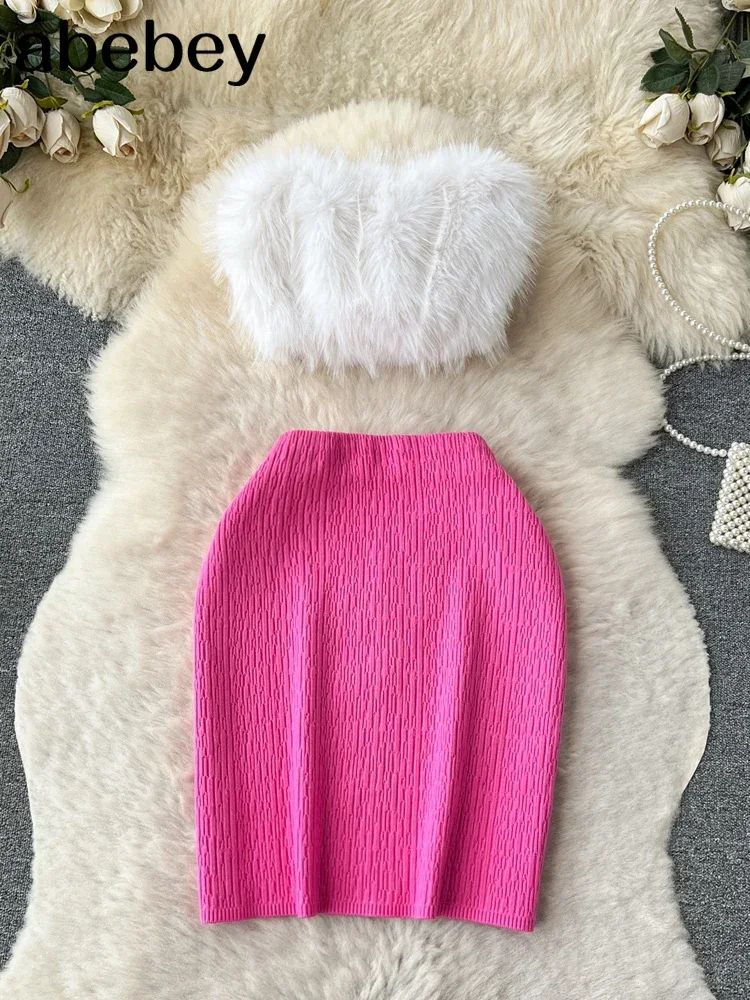 

Женский трикотажный комплект из двух предметов, Привлекательный белый короткий топ и трикотажная розовая короткая юбка с эластичным поясом, модные однотонные женские костюмы