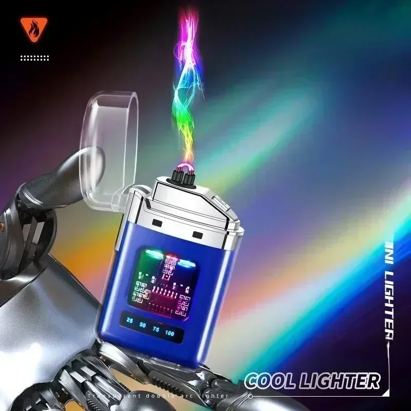USB Rechargeable Lighter Electric Double Arc Plasma Outdoor Windproof Battery Display Type-C Smoking Accessories Men's Gifts
