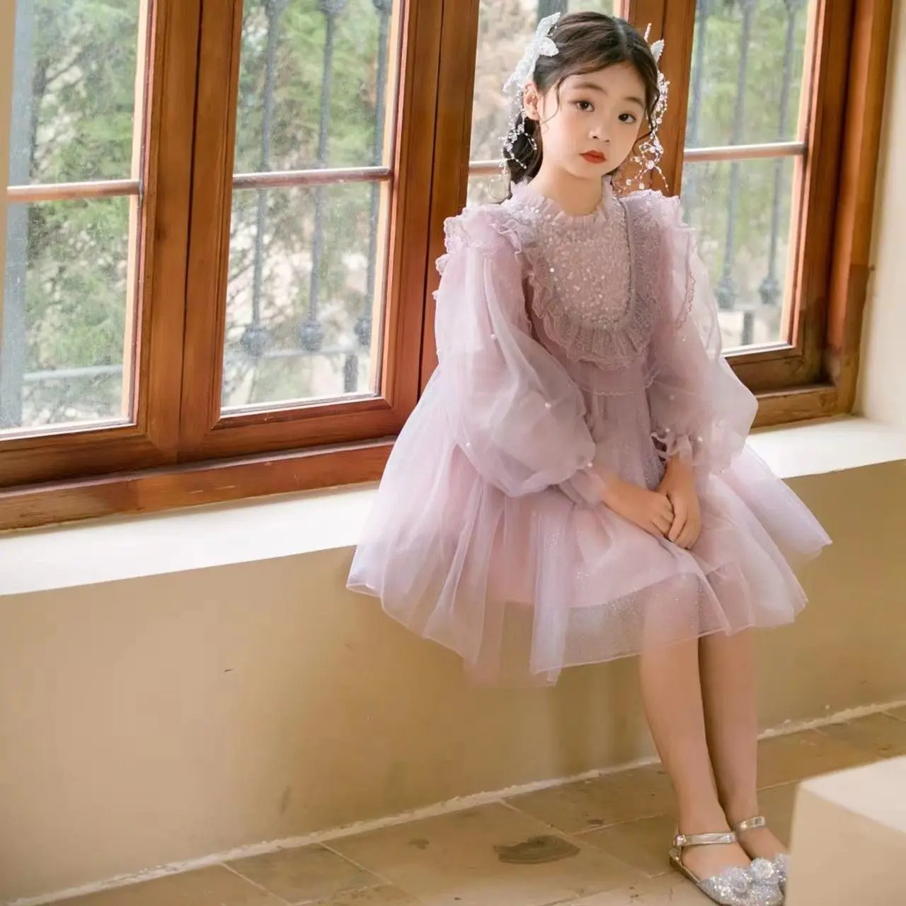 

Girls' Spring and Autumn Dress New Children's Lace Princess Dress Baby Starry Sky Sequin Dress Children Hosting Performance