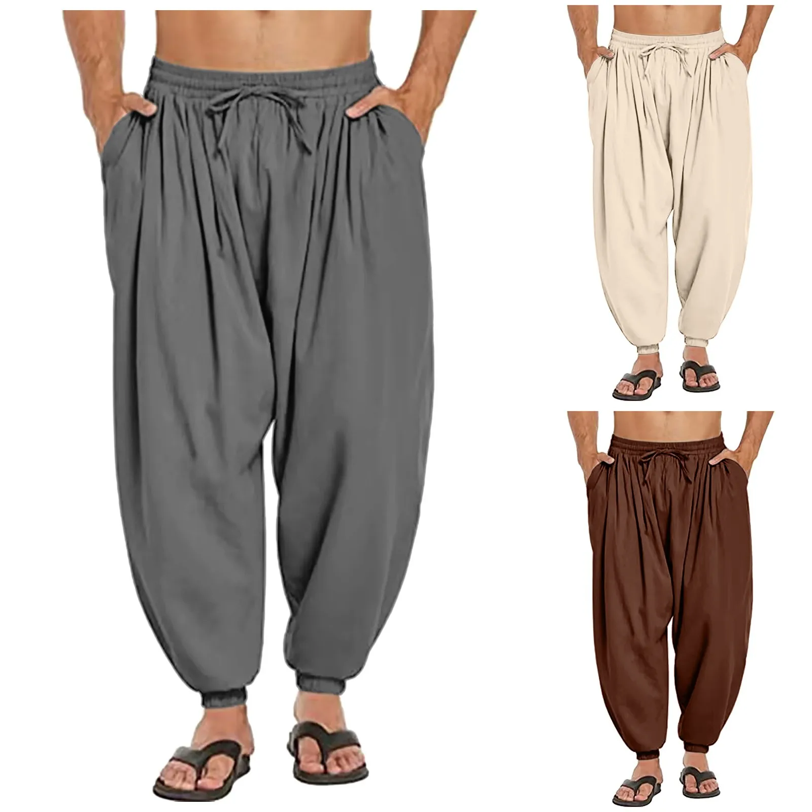 Mens Linen Yoga Pants Elastic Waist Drawstring Beach Loose Fit Casual Tapered Trousers Mens Ling Swim Trunks 4