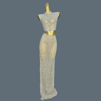 Women's Sexy Dinner Party Outfit Birthday Dress Collections Full Sparkly Rhinestones Luxurious Bar Evening Dress 2Pcs Set Yinbei