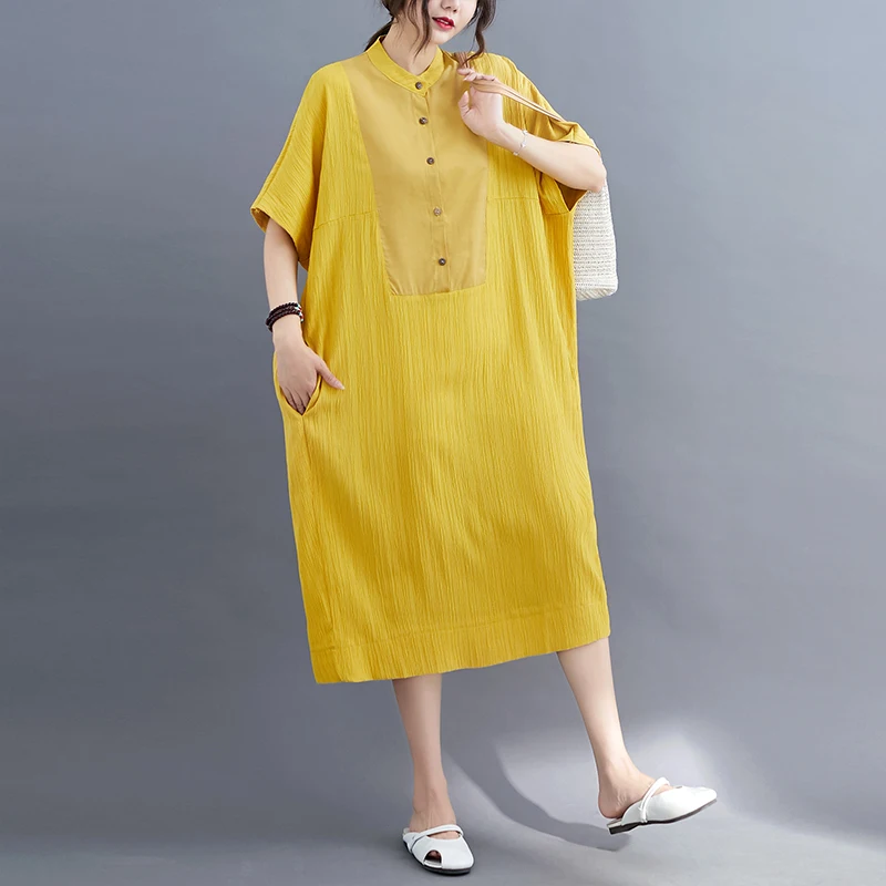 

Aransue 2022 Summer New Medium Long Short Sleeved loose Female Dresses Round Neck One Piece Dress Yellow Black Color