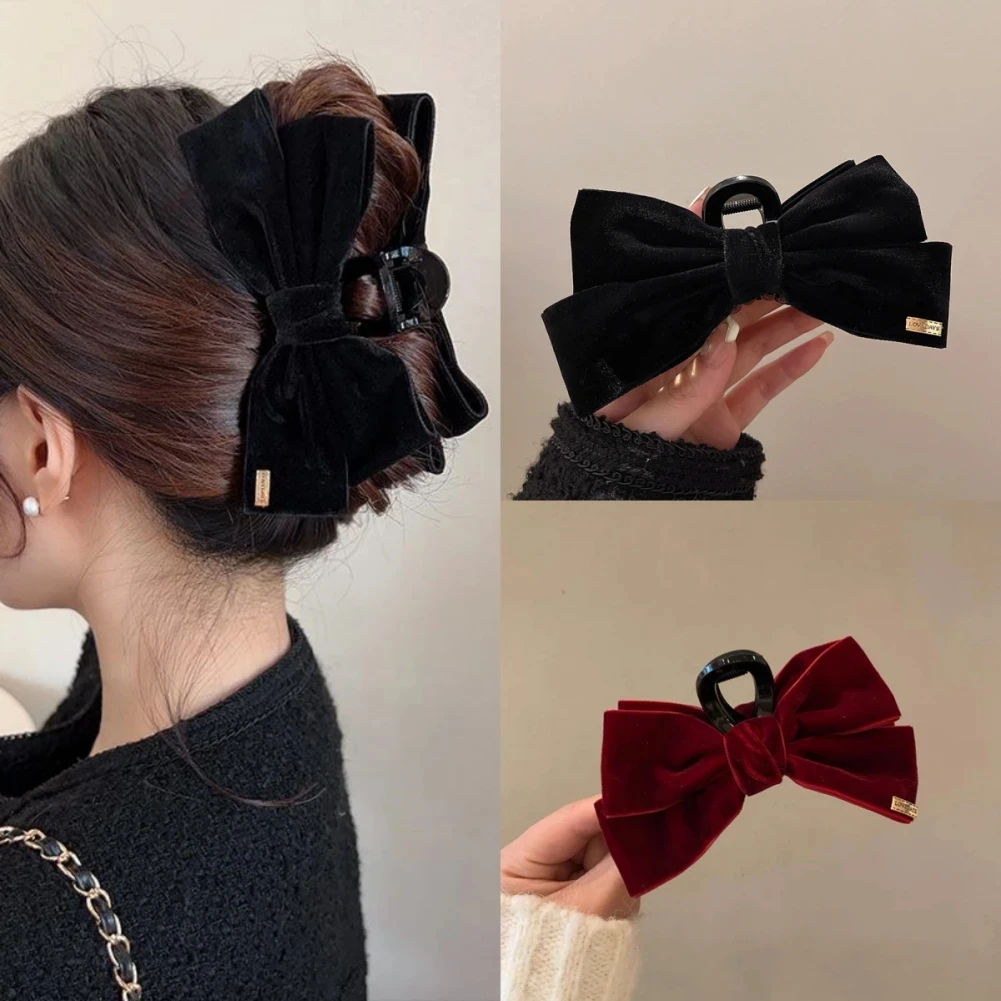 Velvet Hair Clips Black Double-Sided Bow Shark Clips Advanced Texture Women Back Head Hairpin Fashion Barrettes Hair Accessories energetic for creality k1 max build plate 310x315mm black textured pei pro double sided textured pei spring steel magnetic bed