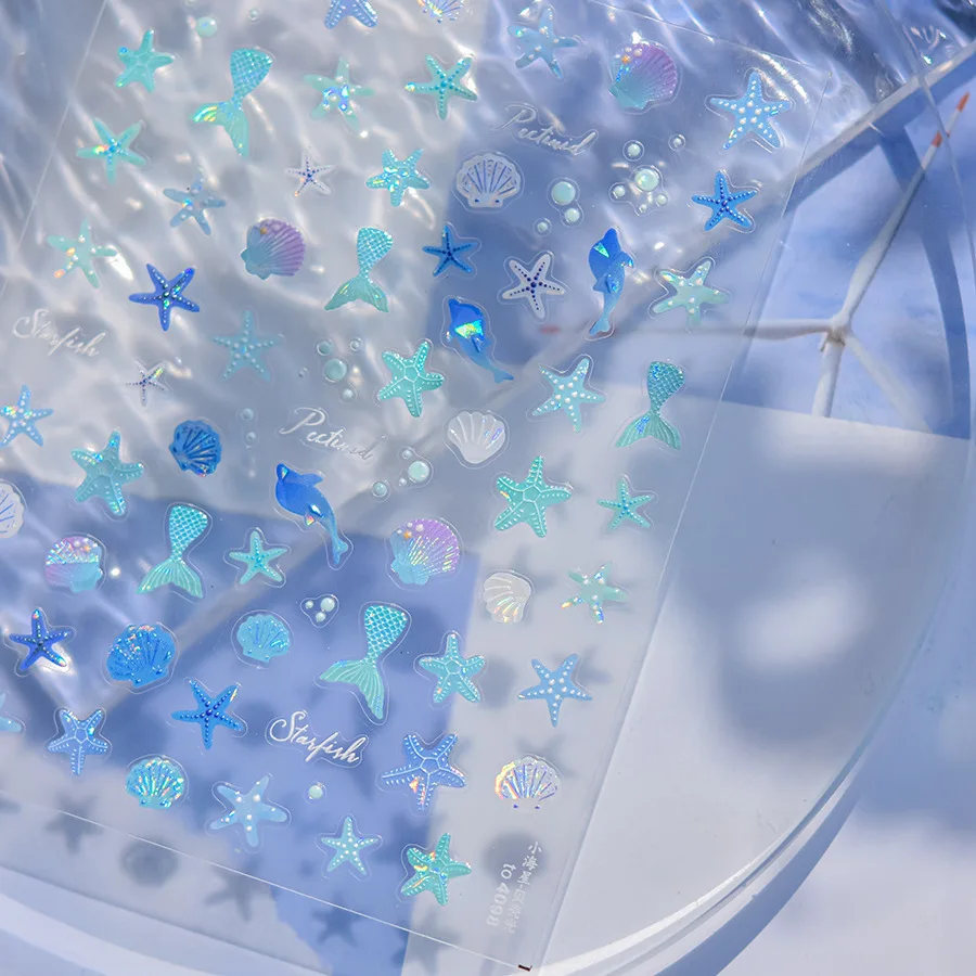 럭셔리 블루 골드 스탬핑 나비 꽃 5D 네일 아트 스티커 반짝 이는 꽃 꽃잎 자기 접착제 장식 매니큐어 데칼 DIY