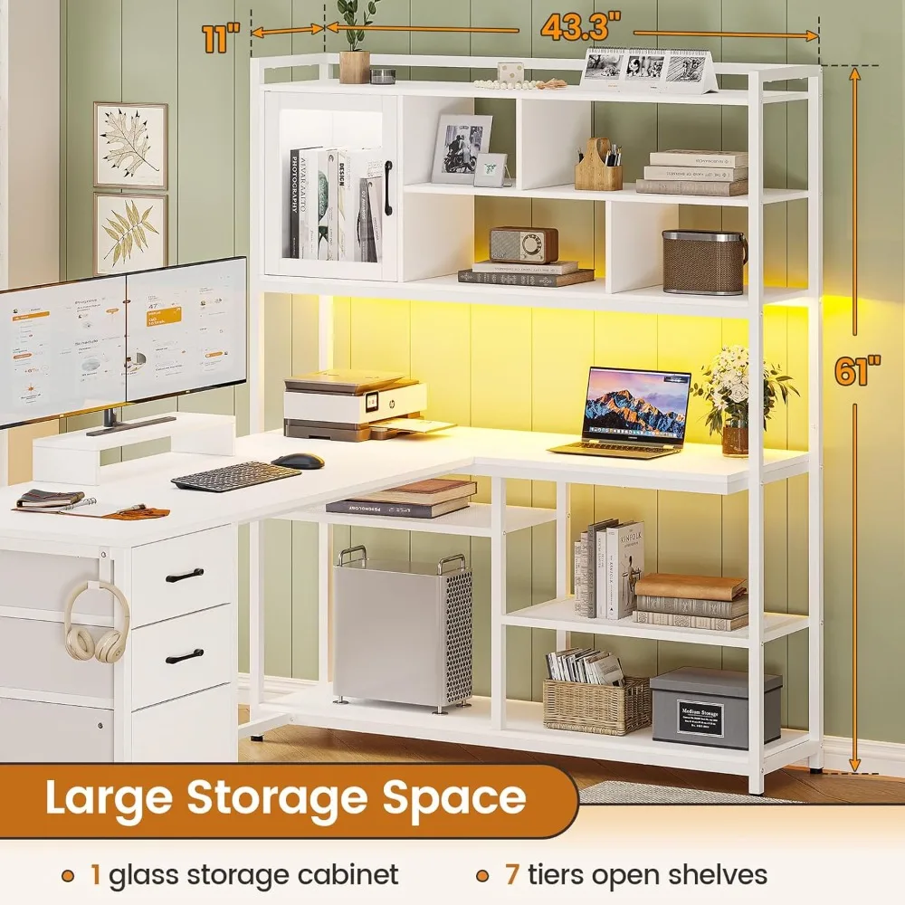 Shaped Computer Desk, 58'' Office Desk with 3 Drawers and Bookshelf, L Shaped Corner Desk with Storage Shelves and LED 2
