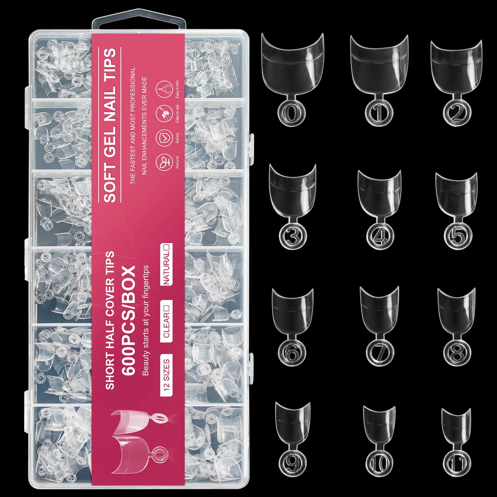 

Short False Nail Tips Extension 600PCS Acrylic Clear Ntural Finger Fake Nail Half Cover With Box For Nail Salon DIY