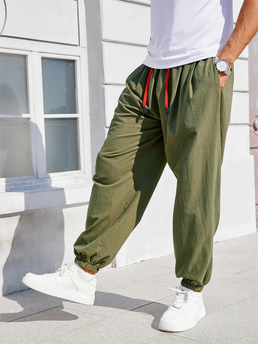 Herren Baumwoll-Leinen Haremshose Lässige Trendige Bequeme Atmungsaktive Hose Locker Sitzende Einfarbige Jogginghose Lange Herrenhose – Detail 9