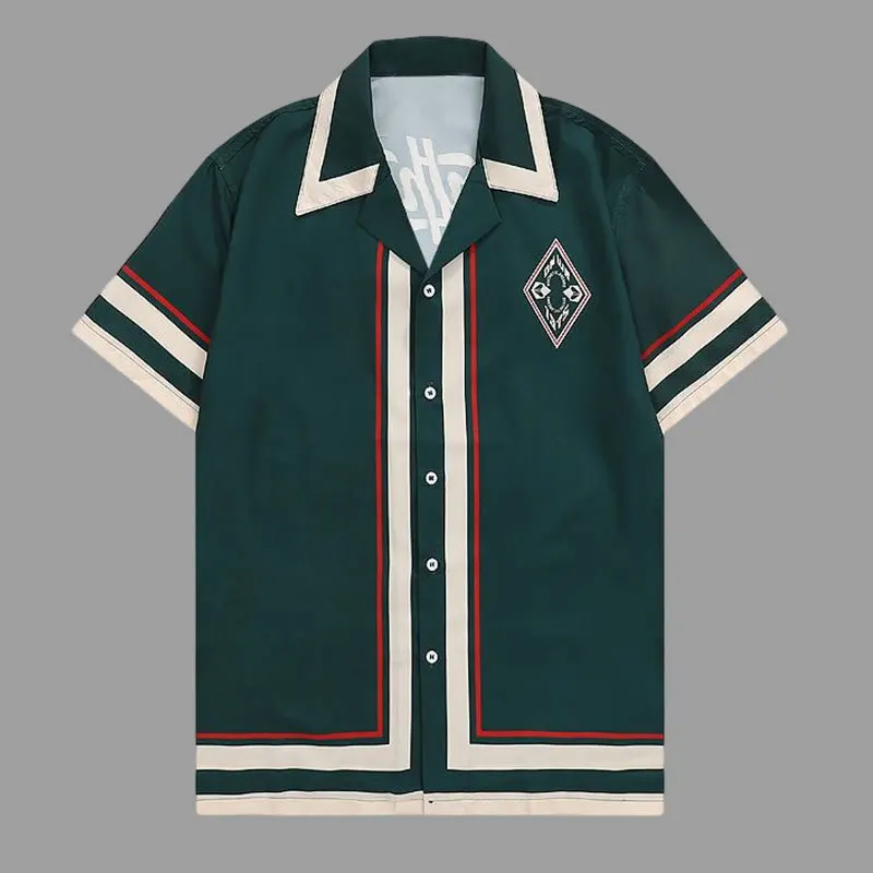 Mens Dress Shirt Summer Short Sleeve Shirt Green Contrasting Color Retroletter Print Shirt Short Sleeve Casual Men Shirt Streetwear Camisa Masculina Moda Hombre