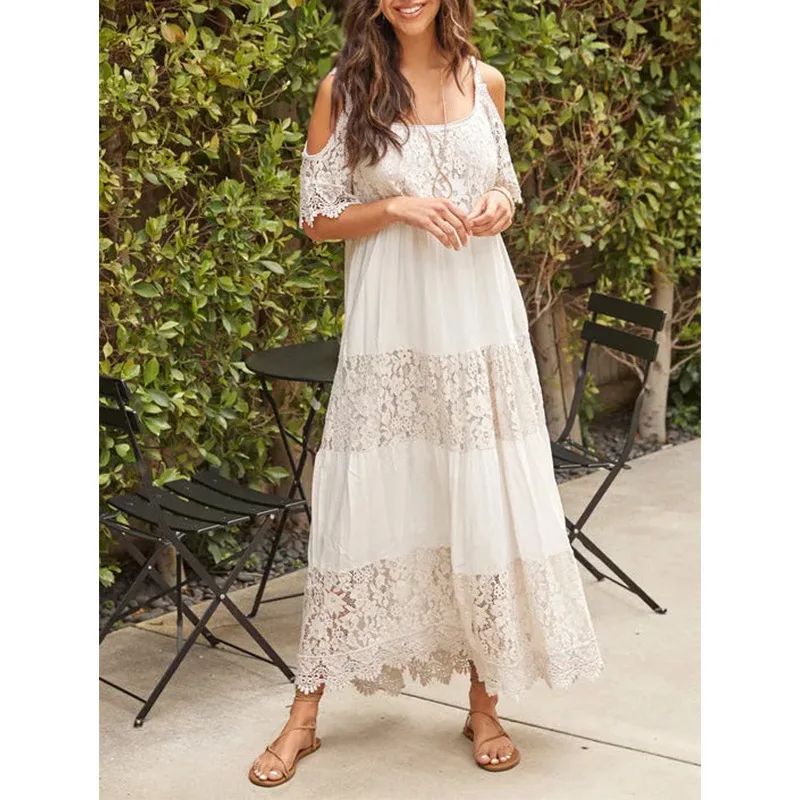 White Lace Beach Dress Women Summer V Neck Hollow Out Boho A-line Dress Fashion Elegant Embroidery Holiday Mini Dresses Vestidos