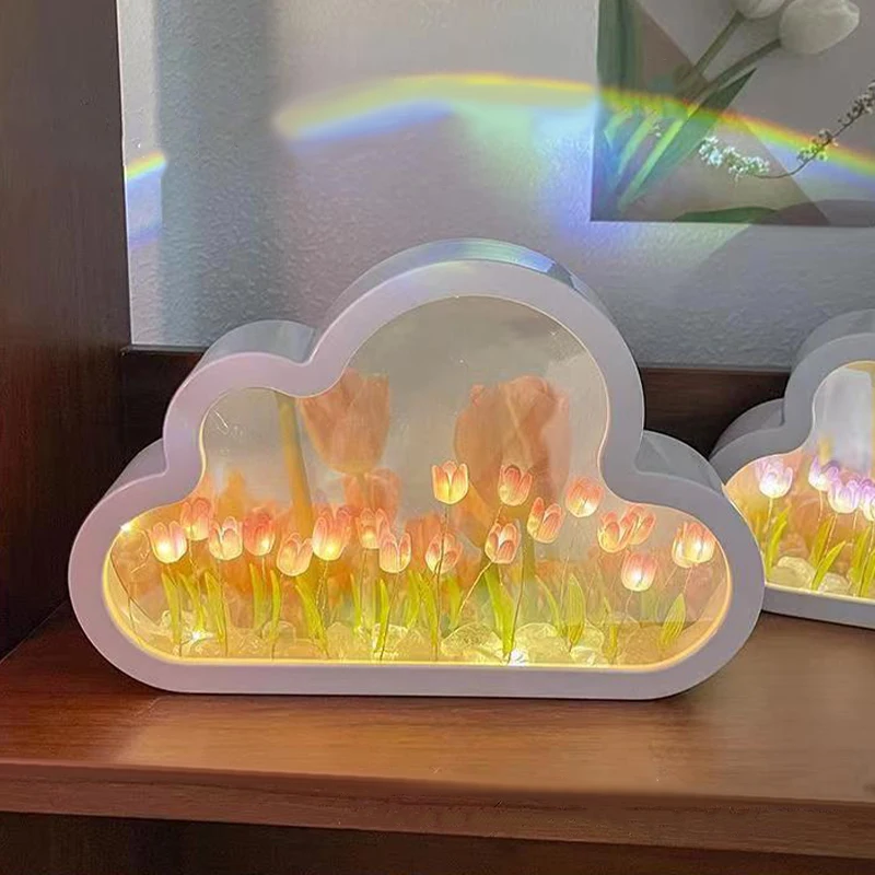 DIY Cloud Tulip LED Night Light Girl's Bedroom Decoration Creative Photo Frame Mirror Table Lamp Bedside Handmade Birthday Gift