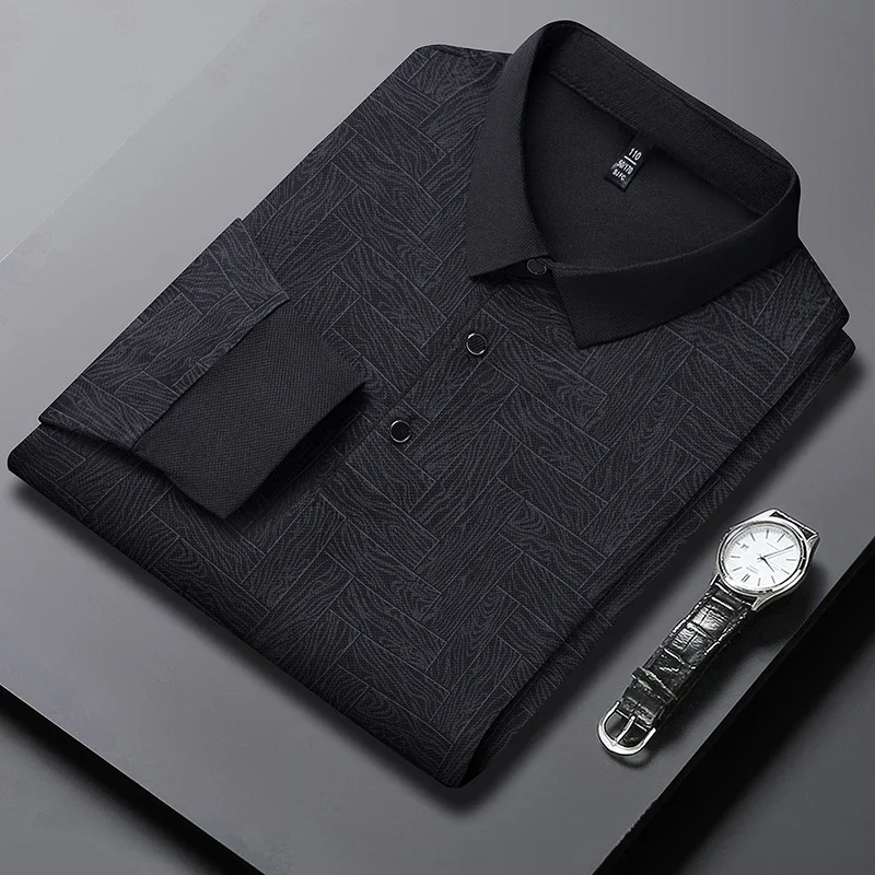 Polo Shirt Men Business Casual Long Sleeved Solid Color Top