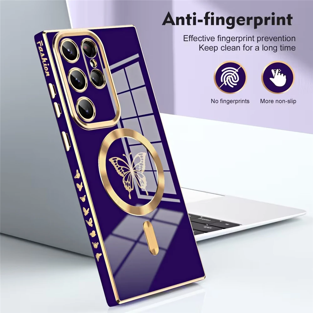 Luxusné galvanické magnetické motýľové puzdro pre Samsung S23 Ultra S22 S21 Plus pre bezdrôtové nabíjanie Magsafe Mäkký silikónový kryt_voghion.com
