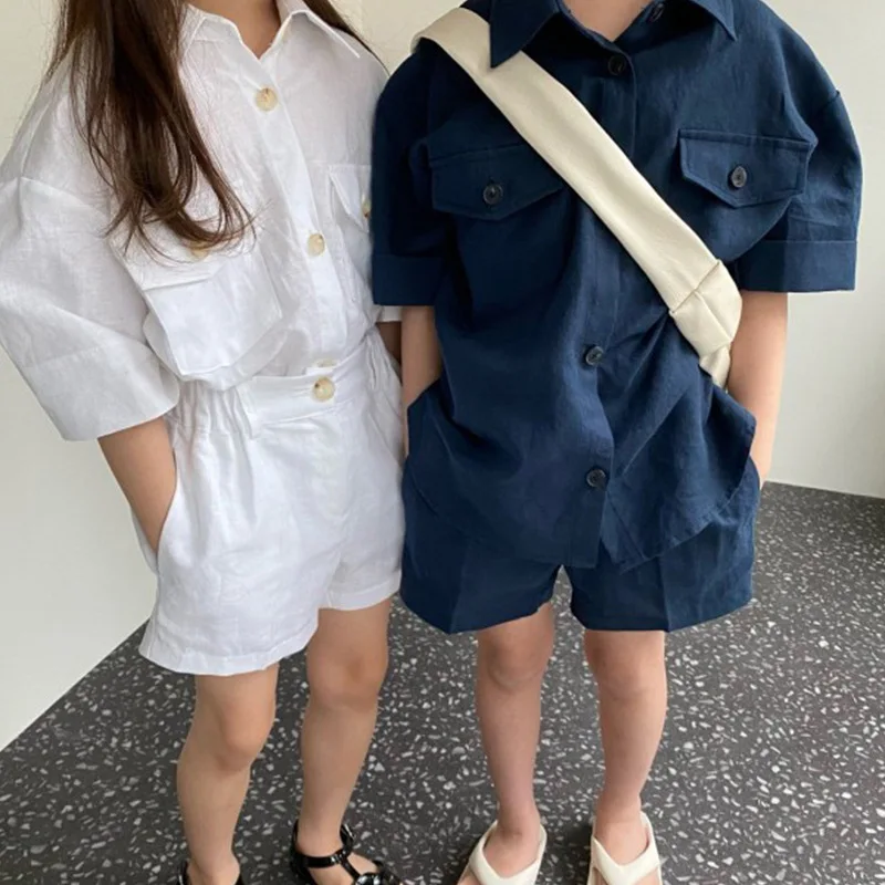 

Children's Suit Summer Boys and Girls Fashion Double Pocket Lapel Shirt + Shorts Two-piece Set Kids Clothes Outfit Set