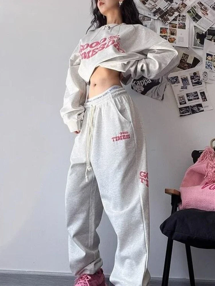 Two Pieces Set Casual Sports Grunge Hip Hop O Neck Sweatshirts + Fashion Y2k Letter Embroidery Streetwear Women Loose Sweatpants sweatshirts halloween ghost plant o neck sweatshirt in green size l m s xl