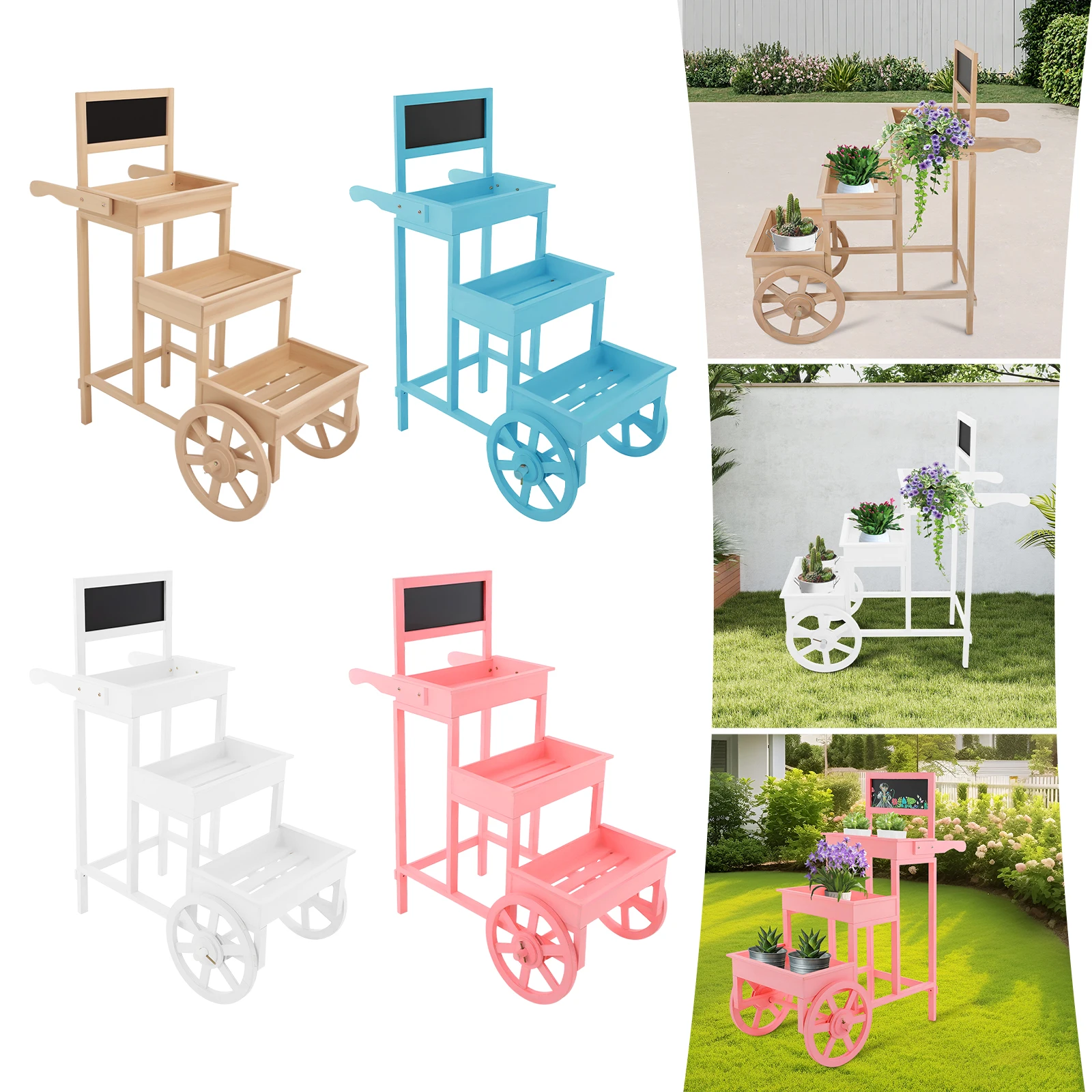 3-Tiered Flower Cart Display Stand with Wheels, Plant Flower Rack with Blackboard, Stand Blue/Pink/White/Wood Color