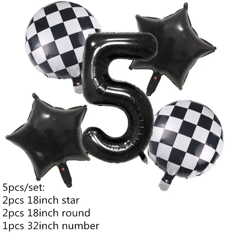 5pcs grande 22 polegadas 4d preto branco balões xadrez bandeira  quadriculada balões de corrida de carro tema de festa de aniversário  decorações