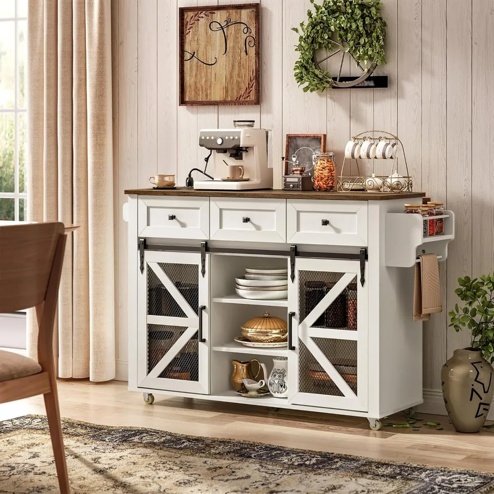 Kitchen Island with Storage, Kitchen Cart with Charging Station, Rolling Kitchen Island Table with Drop-Leaf, 3 Drawers 2