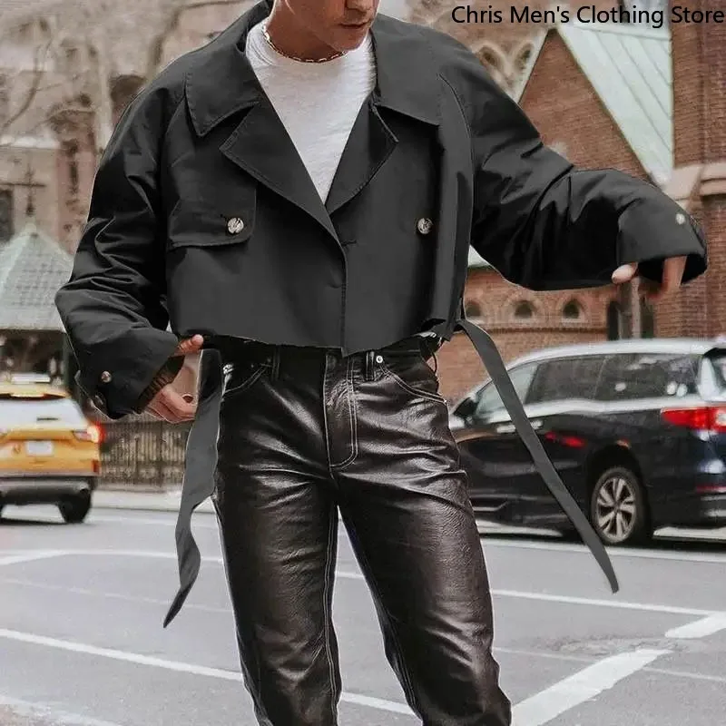 New Fall Fashion Loose Men's Short Trench Coat Super Cool Street Motorcycle Men's Coat Lapel Lace-up Cargo Male Short Jacket