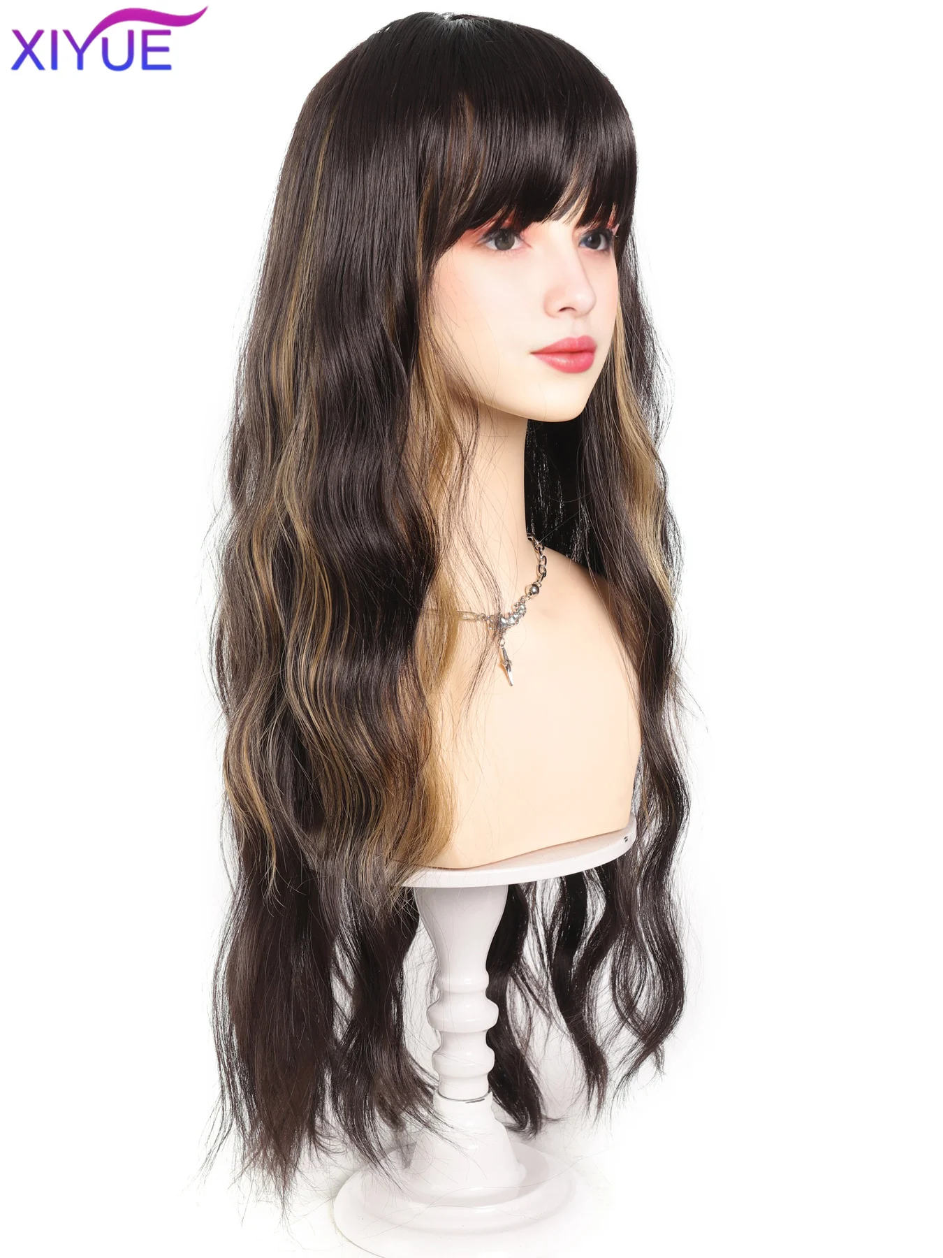XIYUE Ombre Brown Synthetic Long Wavy Wig with Fluffy Bangs for Women Natural Hair Brown Blonde Highlight Wigs for Daily Cosplay